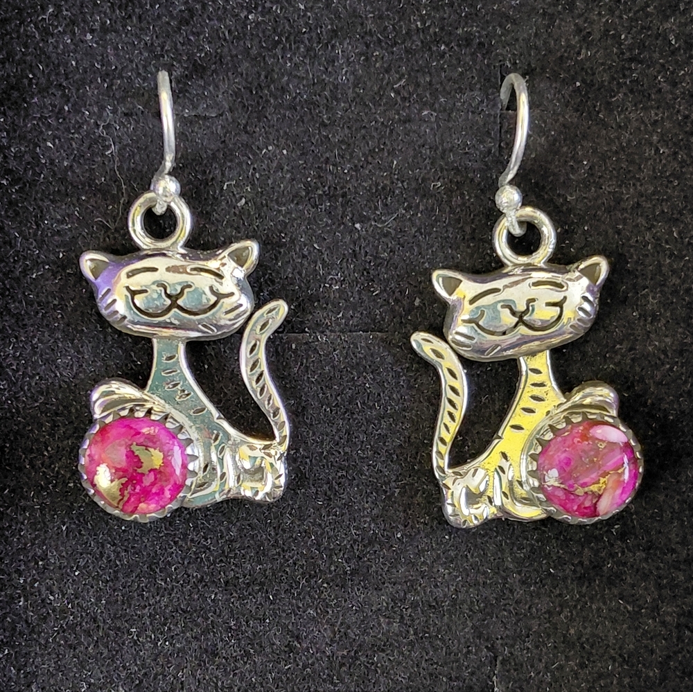 Silver Cat Earrings with Pink Dahlia Stones